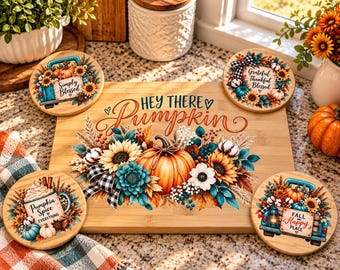 Fall Chopping Block & 6 Coaster Set, UV Printed Pumpkin Kitchen Decor, Autumn Cutting Board, Fall Hostess Gift, Thanksgiving Deco