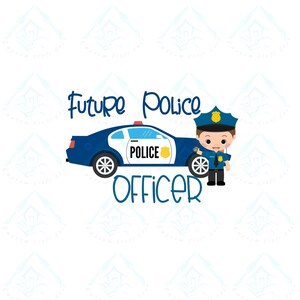 May include: A digital illustration featuring a blue police car with the word "POLICE" on the side and a cartoon police officer. The text "Future Police Officer" is above and below the car.