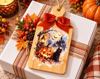 Halloween Mini Chopping Board Decor, Black Cat & Pumpkin UV Printed Bamboo Sign, Spooky Kitchen Decor, Fall Wall Hanging, Halloween Gift