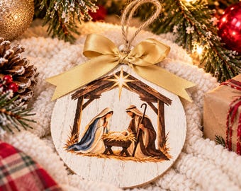 Nativity Christmas Ornament, Holy Family MDF Ornament, Baby Jesus Manger Decor, Christian Christmas Gift, Religious Tree Ornament