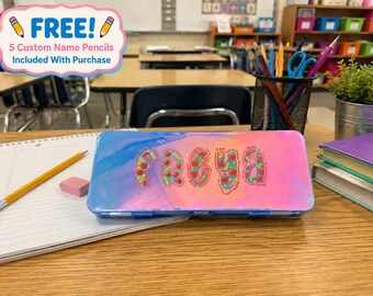 Personalized Double-Sided Pencil Box with 5 UV-Printed Name Pencils, 4 Colors