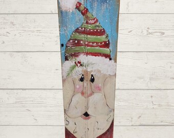 Rustic Santa Claus Wooden Sign – Hand-Painted Christmas Décor – Farmhouse Holiday Wall Art – Santa Face Porch Decoration