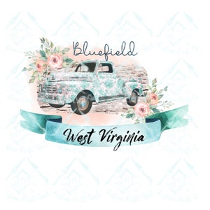 Puede incluir: Una camioneta vintage azul con un patrón floral, rodeada de flores rosas y una cinta azul con el texto "Bluefield West Virginia".