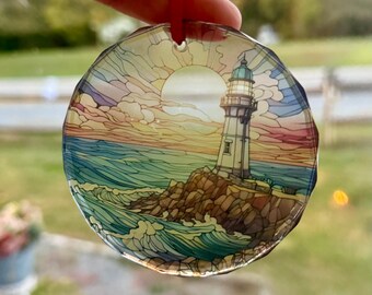 Lighthouse Suncatcher Ornament, Stained Glass Look Faceted Glass Ornament, Coastal Window Decor, Ocean Lover Gift, Beach House Decor