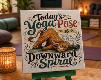 Funny Highland Cow Yoga Mini Canvas UV Printed with Coordinating Easel, Downward Spiral Desk Decor