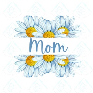 Peut inclure: Un fond blanc avec un motif floral bleu. Au centre de l'image, un groupe de marguerites bleues avec des centres jaunes. Le mot "Maman" est écrit en lettres cursives bleues sur une bannière blanche.