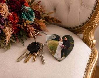 Custom Heart Photo Keychain | Personalized UV Printed MDF Heart Key Ring | Wedding Photo Gift | Anniversary Gift | Couple Gift