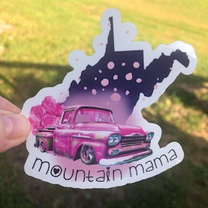 West Virginia Mountain Mama Sticker – Retro Pink Truck Vinyl Decal – WV State Pride Waterproof Sticker – Appalachian Gift