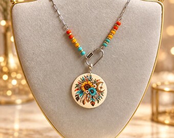 Boho Floral Pendant Necklace, Colorful Beaded Jewelry, Sunflower Necklace, Turquoise Orange Necklace, Bohemian Gift for Her