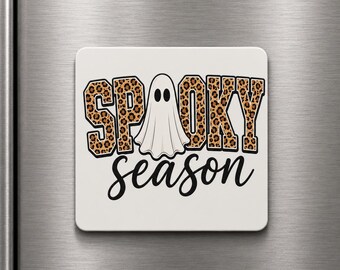 Spooky Season Refrigerator Magnet – Halloween Ghost Fridge– Leopard Print Halloween Decor – UV Printed Aluminum Magnet – Fall Kitchen Decor