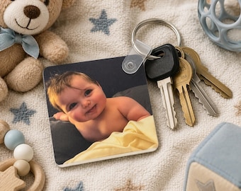 Custom Square Photo Keychain | Personalized UV Printed MDF Key Ring | Custom Baby Photo, Pet Picture, Family Gift, Logo Keychain