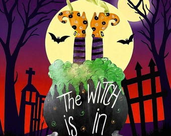 The Witch Is In Door Hanger – Halloween Cauldron with Witch Feet Sign – Spooky Front Door Décor – Handmade Halloween Decoration