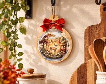 Fall Deer Mini Chopping Board Decor, UV Printed Bamboo Hanging Sign, Autumn Woodland Kitchen Decor, Rustic Fall Gift, Deer Home Decor