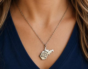 West Virginia Necklace, Cue Country Roads Music Note Stainless Steel Pendant, WV Gift