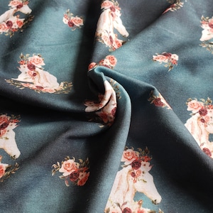 Horse and Roses on Batik Jeans French Terry Jersey Sweatshirt Jersey fabric  Hoodie Fabric flexible Jersey Knit Cotton  Jersey by Half meter