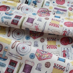 Vintage Sewing Elements -Medium-Weight cotton Sewing Theme Cotton Vintage Dressmaking Accessories Design