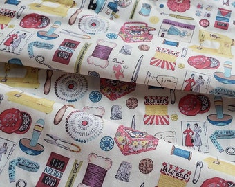 Vintage Sewing Elements -Medium-Weight cotton Sewing Theme Cotton Vintage Dressmaking Accessories Design