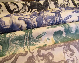 Vintage Engraving Pattern  QUIRKY ANIMALS - 100% Cotton Heavy Weight 309gsm Cotton Organic Panama  GOTS  fabric Sold by Half Meter Meter