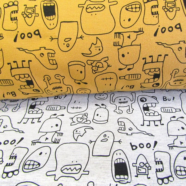 Sweatshirt jersey fabric Little Monsters on mustard or blend grey Jersey Fabric pattern flexible Jersey Knit Cotton  Jersey cotton fabric