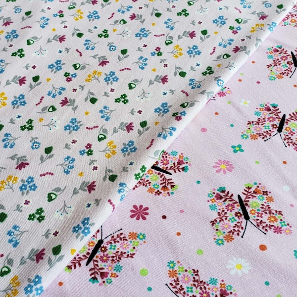 Floral Butterflies Pattern in Pink Single T-shirt cotton fabric Cotton Jersey 1/2m  Printed Jersey T-shirt fabric