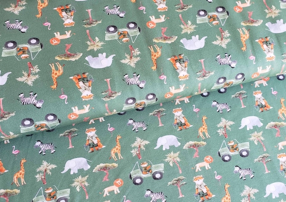 Safari on Olive Green Pattern Cotton Jersey Cotton Jersey Single T-shirt cotton fabric Cotton Jersey 1/2m  Printed Jersey