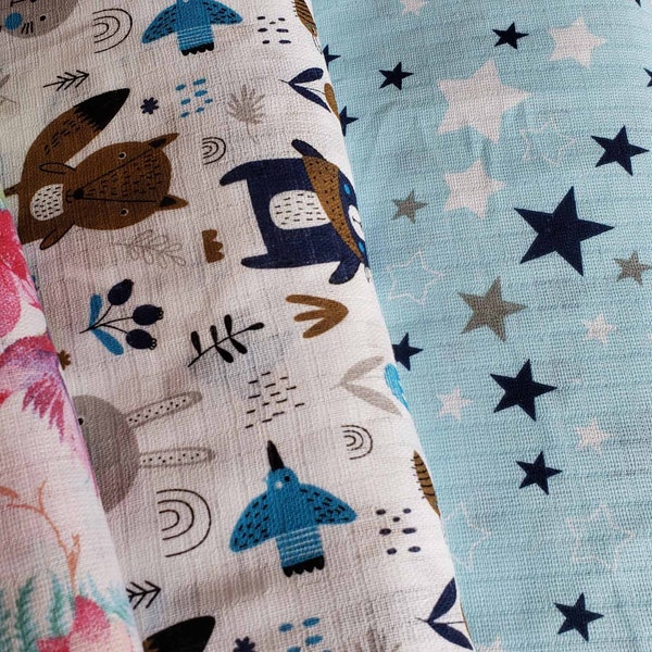 100% Cotton  Double Gauze Fabric Cute Patterns Muslin Fabric Swaddle Fabric Reusable Nappies Fabric by half meter
