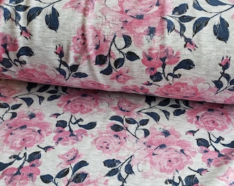Roses on Blend Grey Cotton French Terry Jersey Knit Sweatshirt Fabric Hoodie Fabric flexible Cotton Jersey by 1/2m