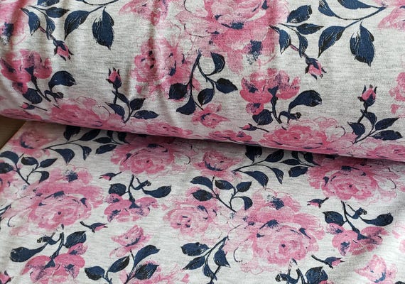 Roses on Blend Grey Cotton French Terry Jersey Knit Sweatshirt Fabric Hoodie Fabric flexible Cotton Jersey by 1/2m