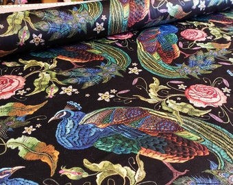 May include: Black fabric with an embroidered peacock pattern. The peacocks are in shades of blue, green, and gold, with pink roses and green leaves.