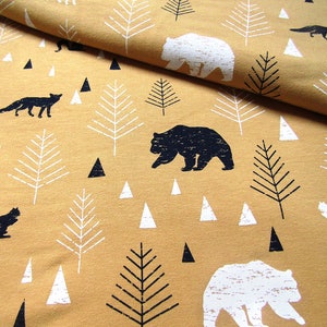 Forest Animals on Mustard Sweatshirt Fleece Back Jersey Fabric Hoodie Jersey fabric French Terry Sweatshirt Fabric Sweatshirt Fleece