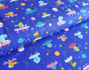 Spaceships on Royal Blue Single Cotton Jersey Cotton Single T-shirt cotton fabric Cotton Jersey Printed Jersey T-shirt fabric