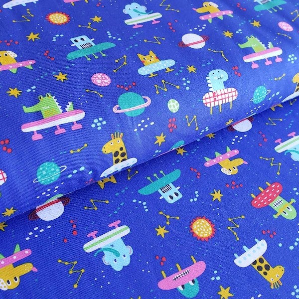 Spaceships on Royal Blue Single Cotton Jersey Cotton Single T-shirt cotton fabric Cotton Jersey Printed Jersey T-shirt fabric