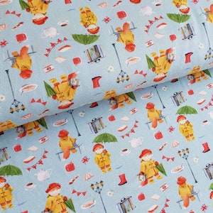 Mr Fox with Umbrellas on Light Blue Pattern Cotton Jersey de algodón orgánico Single T-shirt tela de algodón Jersey de algodón 1/2m Jersey estampado