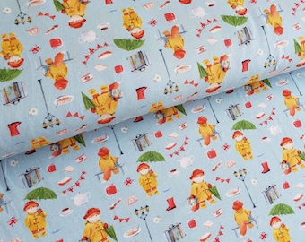 Mr Fox with Umbrellas on Light Blue Pattern Cotton Organic Cotton Jersey Single T-shirt cotton fabric Cotton Jersey 1/2m  Printed Jersey