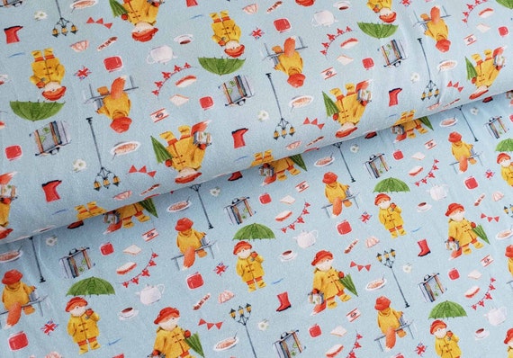 Mr Fox with Umbrellas on Light Blue Pattern Cotton Organic Cotton Jersey Single T-shirt cotton fabric Cotton Jersey 1/2m  Printed Jersey