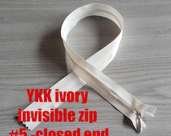 Heavy Duty Invisible Zip 55cm (22'') - 80cm(32'') /Ivory YKK #5 Zipper Concealed Zip Concealed Bridal Invisible Zips - Size 5 Invisible Zips
