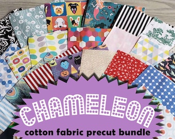 May include: A collection of 20 pre-cut cotton fabric squares in various patterns and colors. The fabric squares are arranged in a fan shape. The fabric squares feature a variety of designs, including geometric patterns, animal prints, and floral designs. The fabric squares are labeled "Chameleon cotton fabric precut bundle".