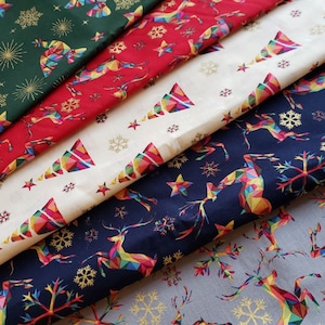 Rainbow Christmas Pattern Collection100% Cotton Gold Metallic Christmas Prints  Fabric - Christmas pattern Cotton Print Fabric