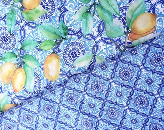 Limones y Azuleyos Tela Repelente al Agua Tela Estampado Ornamental Tela Resistente al Agua Tela Revestimiento PU - Tela para Tapicería Cojines Exterior