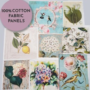 May include: A collection of 100% cotton fabric panels featuring floral and botanical designs. The panels showcase various flowers, hummingbirds, and a lemon illustration. The color palette includes shades of blue, pink, white, and green, with some panels having a vintage aesthetic.
