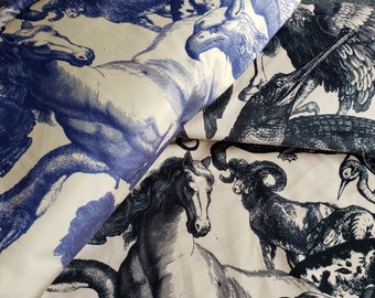 QUIRKY ANIMALS - Upholstery Velvet Upholstery Fabric Navy or Black on Beige Background Velvet fabric Upholstery Velvet by half meter
