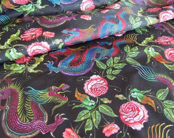 Waterproof Fabric -Dragons & Roses Water Resistant Fabric  Oilcloth Outdoor Fabric - Outdoor cushions  PVC fabric by half meter