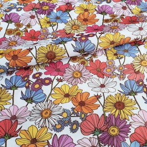 Meadow Colorful Floral Pattern Waterproof fabric on White Background Water Resistant Fabric Outdoor Cushion Water-repellent Fabric