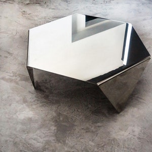 Hexagonal Polished Steel Coffee Table: Minimal Industrial Sofa Table