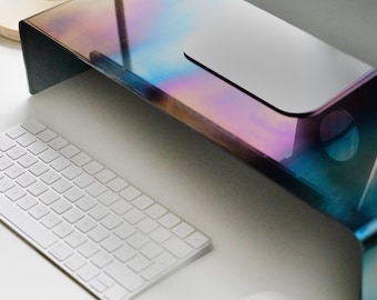 Supporto per monitor in acciaio bruciato che cambia colore: supporto ergonomico per iMac