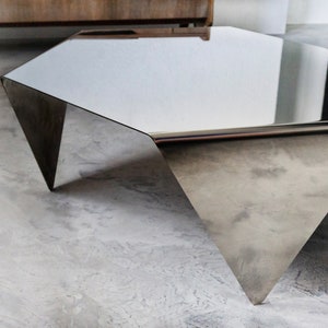 Hexagonal Polished Steel Coffee Table. Heavy-Duty, Minimal Industrial Design Furniture. Unique Cocktail Sofa Table for your Living Room