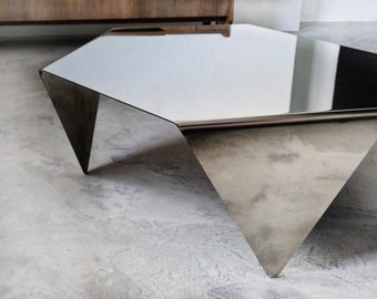 Hexagonal Polished Steel Coffee Table. Heavy-Duty, Minimal Industrial Design Furniture. Unique Cocktail Sofa Table for your Living Room