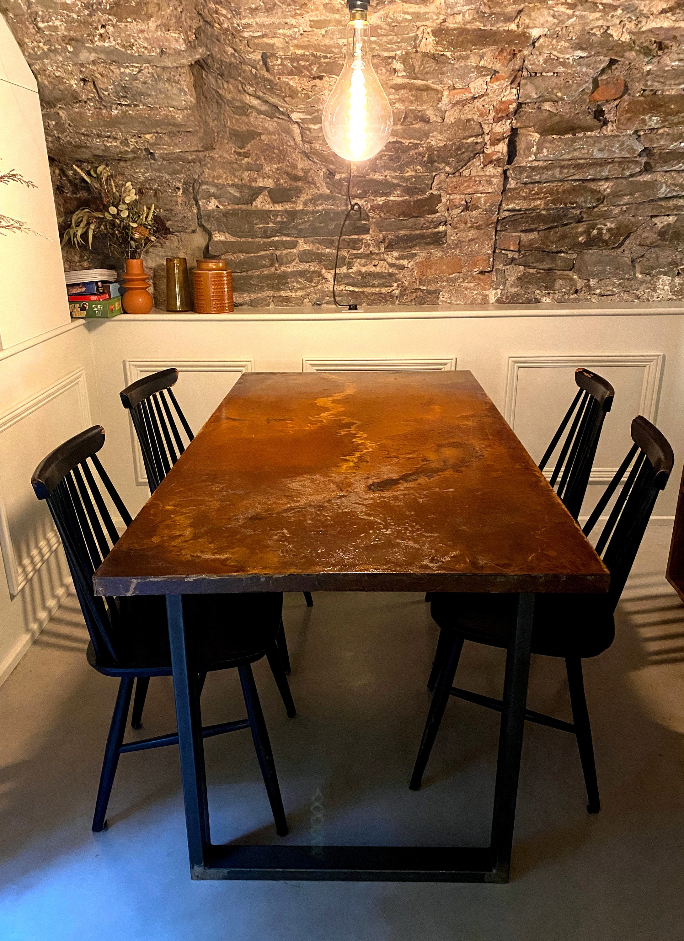 Rusted Steel Dining Table: Industrial Minimalist Design With Black