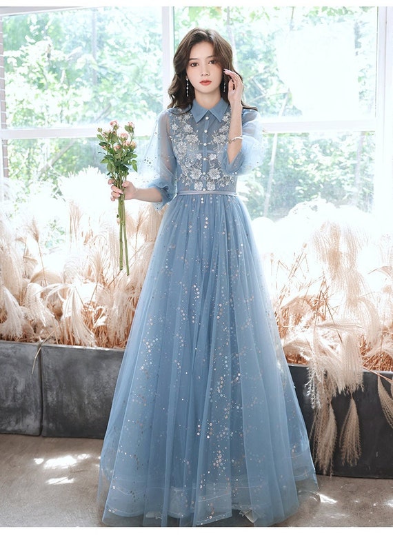 Blue Tulle Prom Dresses with Detachable Sleeves – loveangeldress