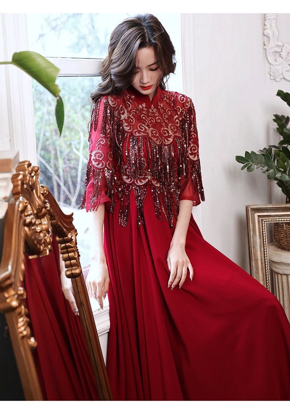 Red formal prom gown host dress toast dress Long Bridal Lawn Wedding Dress birthday evening party dress homecoming dress engagement dress